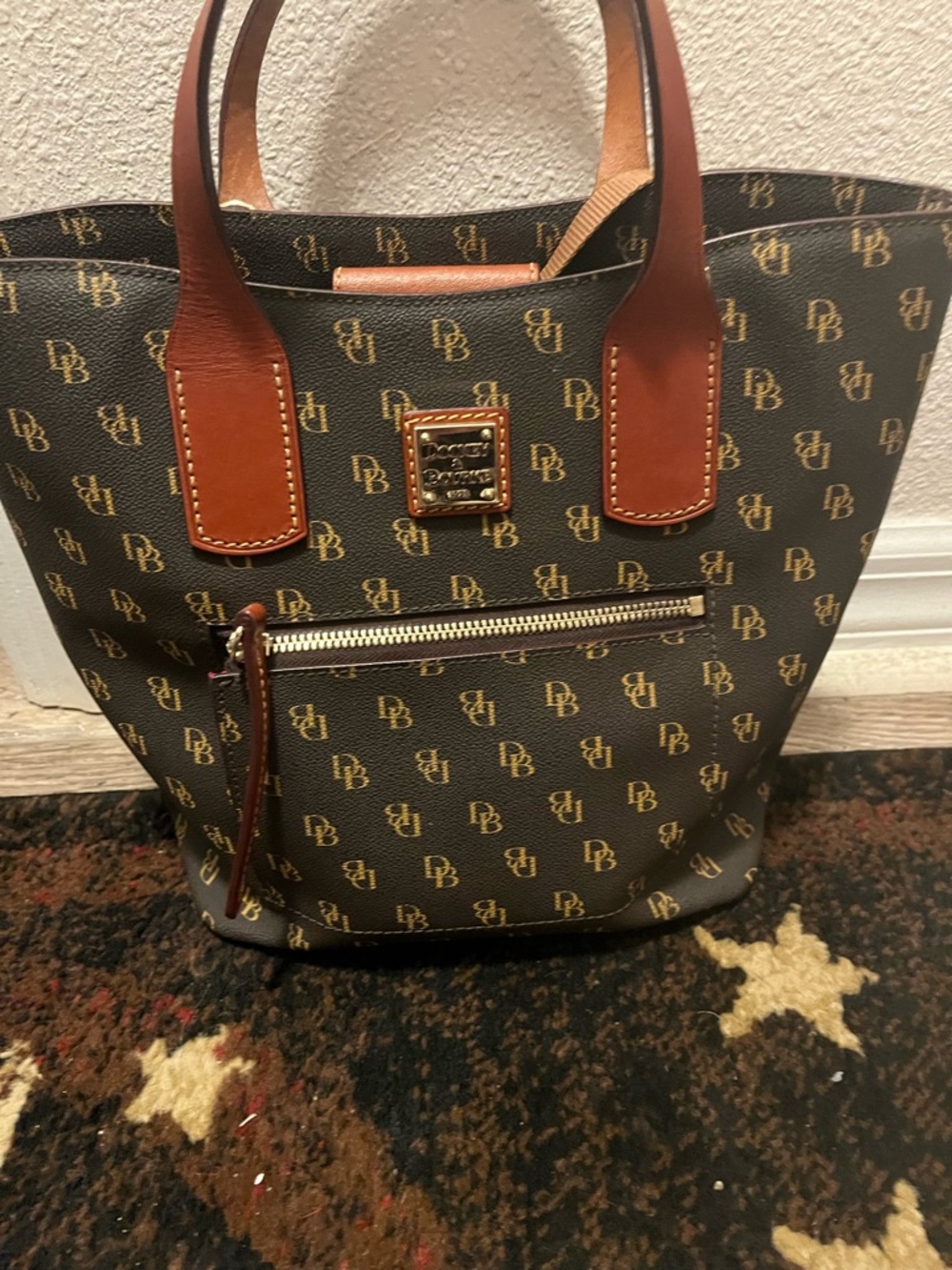 Dooney & Bourke Brown Logo Tote with Tan Leather Handles